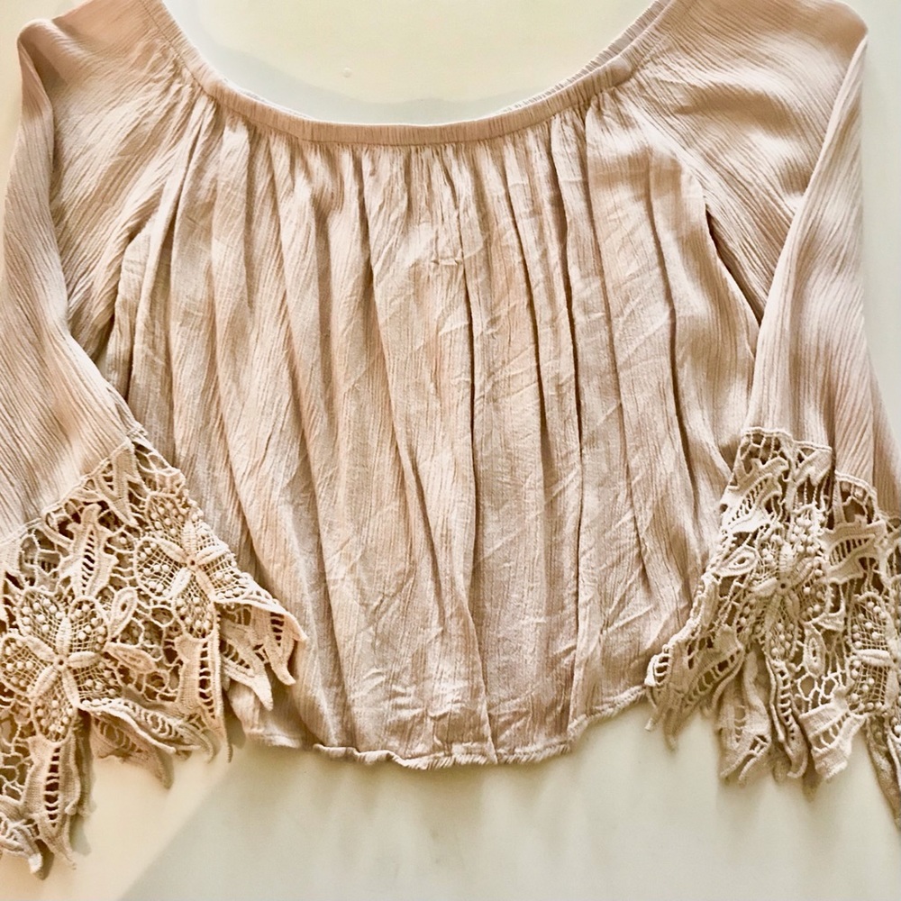 Tan Off the Shoulder Crop Top with Bell Sleeves